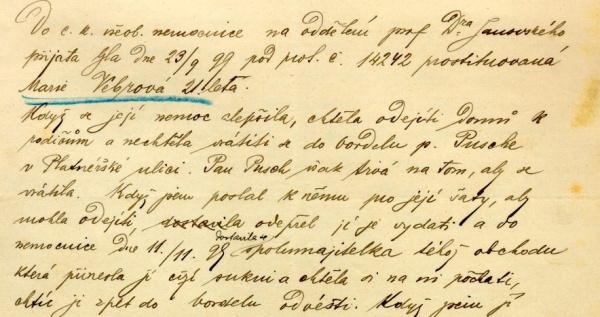 foto: Z dopisu MuDr. Tysovského, lékaře v c. k. všeobecné nemocnici (1899)