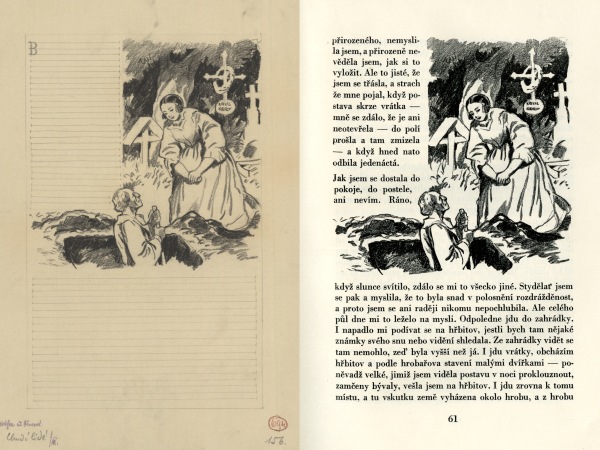 Ilustrace Josefa Vodrážky ke knize B. Němcové Chudí lidé a jiné povídky s rozkresem sazebního obrazce. Vedle pro srovnání reprodukce v knize. Knihu vydal L. Mazáč, 1932. Ilustrace Josefa Vodrážky ke knize B. Němcové Chudí lidé a jiné povídky s rozkresem sazebního obrazce. Vedle pro srovnání reprodukce v knize. Knihu vydal L. Mazáč, 1932