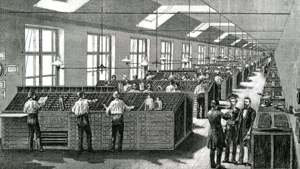 Bohumír Roubalík: pohled do pražské sazárny nakladatelství Jana Otty z roku 1891 Bohumír Roubalík: pohled do pražské sazárny nakladatelství Jana Otty z roku 1891.