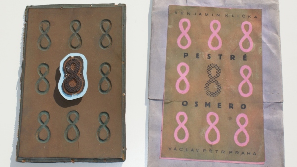 Obálka. Štoček pro dvoubarevný soutisk, s nátiskem. Klička, B.: Pestré osmero. Praha : V. Petr, 1928. "Atom", sv. 30 Obálka. Štoček pro dvoubarevný soutisk, s nátiskem. Klička, B.: Pestré osmero. Praha : V. Petr, 1928. "Atom", sv. 30