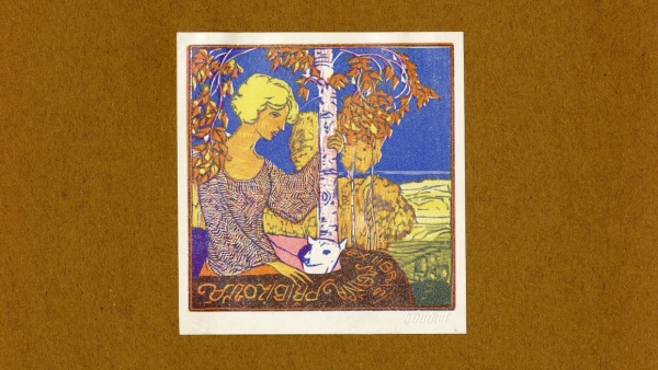 Autor Josef Váchal. Exlibris pro Máňu Přibilovou. Dívka se psem. Dřevoryt, 1911.