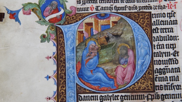 Iluminace "Narození Krista" v iniciále P, detail Iluminace "Narození Krista" v iniciále P, detail