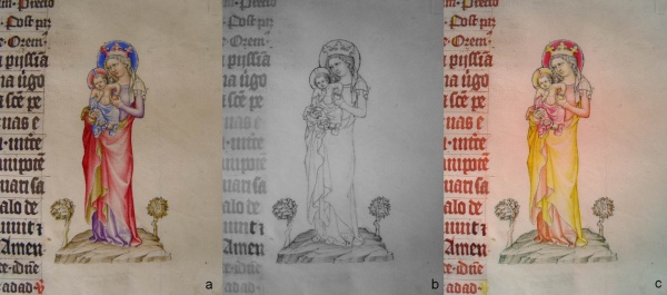 Srovnání iluminace „Madona s Ježíškem“ na VIS snímku (vlevo), IR snímku (uprostřed) a IR snímku ve falešných barvách (vpravo) Srovnání iluminace „Madona s Ježíškem“ na VIS snímku (vlevo), IR snímku (uprostřed) a IR snímku ve falešných barvách (vpravo)