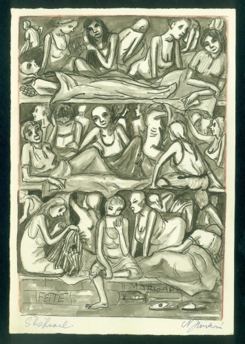 Kresba Niny Jirsíkové s názvem Šláfsaal, zachycující život v koncentračním táboře Ravensbrück. 