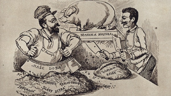 Z dobového tisku: DVA ČISTÍ NĚMCI VYUČENCI (Masaryk a J. S. Machar) přišli nám s Vídně očišťovat naši lieraturu. Neustanou prý, dokud ji nerozsekají celou na prejt a neuplatní svou thesi, že my, Čechové, ani žádné své literatury neměli a nemáme. Chlapíci! (Šípy z 10. XI. 1894)