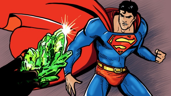 Kryptonit, zeleně svítící minerál, který pochází ze zaniklé Supermanovy domovské planety Krypton, a který jako jediná věc dokáže oslabit jeho nadpozemské schopnosti (kresba: K. Perglová) Kryptonit, zeleně svítící minerál, který pochází ze zaniklé Supermanovy domovské planety Krypton, a který jako jediná věc dokáže oslabit jeho nadpozemské schopnosti (ilustrace: Kateřina Perglová)