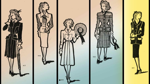 Návrhy kostýmů a plášťů vhodných k návštěvě Národního muzea. Upraveno podle časopisu Milena č. 7, 1947