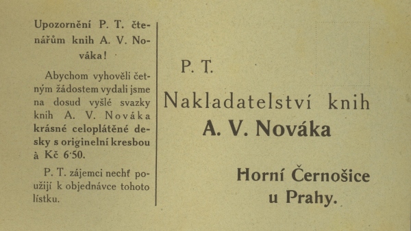 Reklamní korespondenční lístek Nakladatelství knih A. V. Nováka. (zdroj: Národní muzeum)