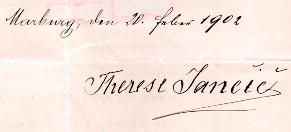 Podpis neznámé Therese Jančič, jímž stvrdila advokátovi v Mariboru převzetí jednorázové hotovosti z odkazu Bohuslava Jiruše (zdroj: Národní muzeum)