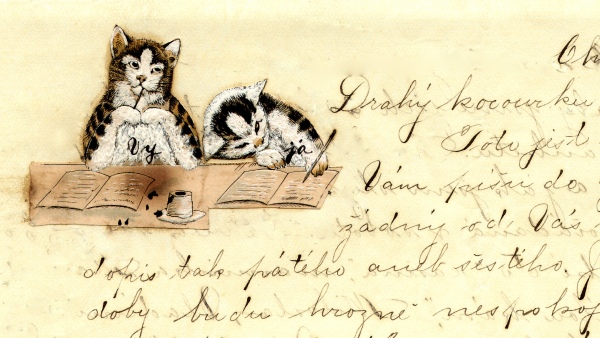 Detail záhlaví dopisu Vlasty Geringerové Vrázovi z 3. 3. 1896 s kočkami označenými         „Vy“ a „já“ (zdroj: Národní muzeum) 