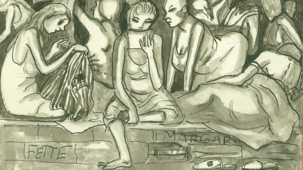 Kresba Niny Jirsíkové s názvem Šláfsaal, zachycující život v koncentračním táboře Ravensbrück. Detail. Zdroj: Národní muzeum Kresba Niny Jirsíkové s názvem Šláfsaal, zachycující život v koncentračním táboře Ravensbrück. Detail. Zdroj: Národní muzeum