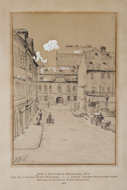 Zdenka Braunerová: Dům U Halánků na Betlémském náměstí. Vpravo jej zčásti zastiňuje Fukův dům (zdroj: Národní muzeum)