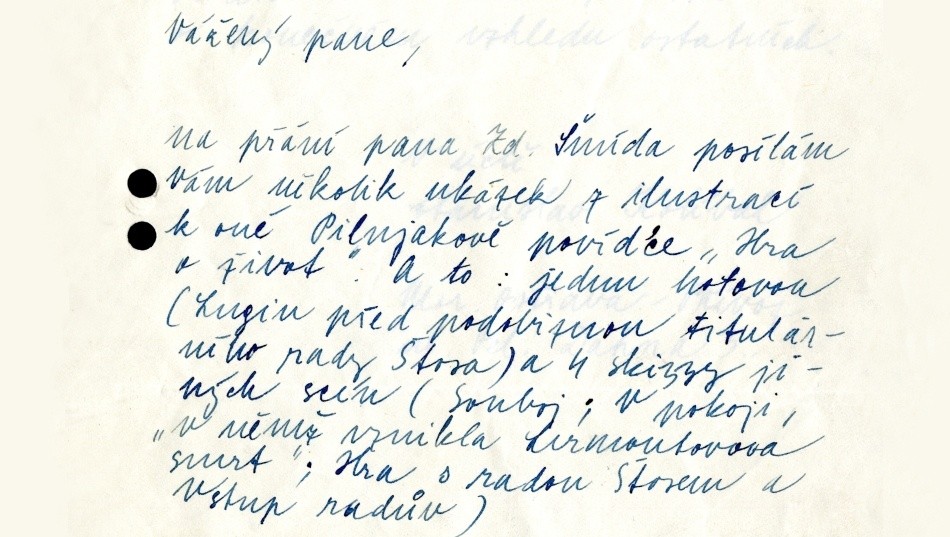 Úryvek z dopisu Stanislava Kolíbala nakladateli Vilému Šmidtovi z roku 1945. Zdroj: Národní muzeum Úryvek z dopisu Stanislava Kolíbala nakladateli Vilému Šmidtovi z roku 1945. Zdroj: Národní muzeum