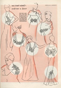 Květinové dekorace společenských šatů, časopis Eva, r. VII, č. 6, 15. 1. 1935