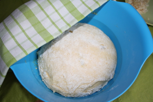 Zaděláme pevné těsto, které důkladně prohněteme. Těsto pak necháme na teplém místě kynout nejméně 2 hodiny.