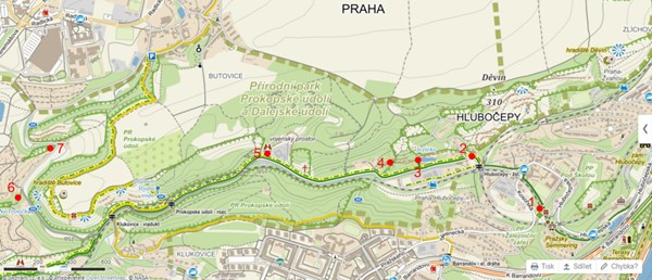 Během exkurze se účastníci zastavili na sedmi lokalitách v Prokopském údolí (zdroj: www.mapy.cz)