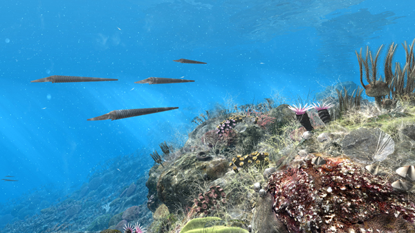 Devonský korálový útes (z 3D rekonstrukce Prvohorní moře barrandienu) záběr z 3D rekonstrukce - devonský korálový útes