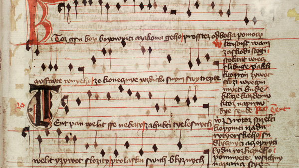 Jistebnický kancionál – detail písně Kdož jsú boží bojovníci (sloka 1-4). Zdroj: Národní muzeum Jistebnický kancionál