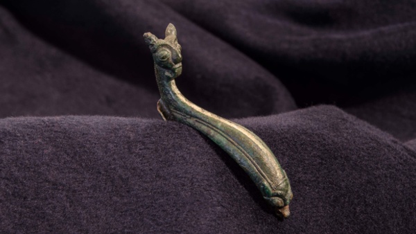 Fotografie. Maskovitá spona nalezená v pozdějších výzkumech v Chýnovském háji. Zdroj: Národní muzeum