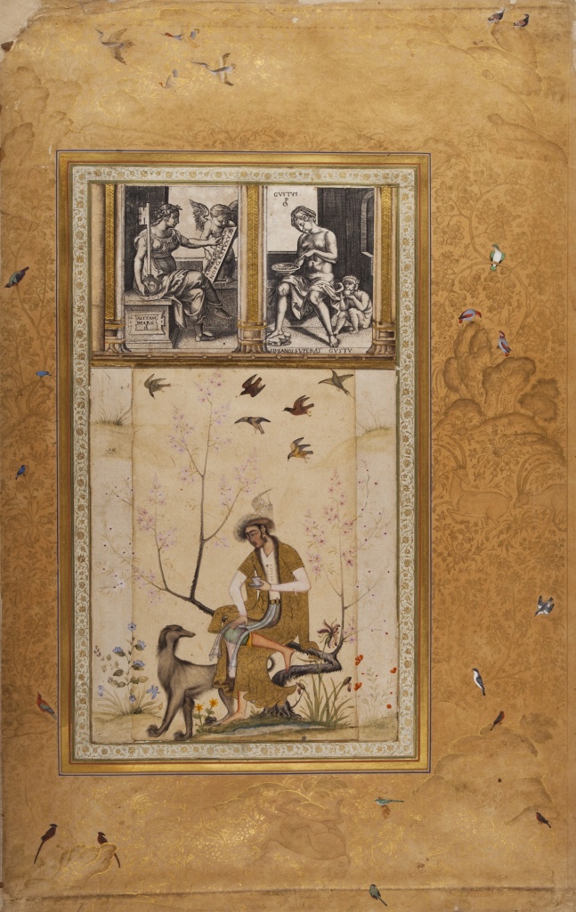Miniatura. Miniatura A12183 s portrétem mladého šlechtice sedícího na větvi nízkého stromku s chrtem u nohou. Zdroj: Národní muzeum