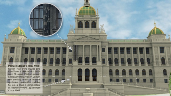 Vizualizace rekonstrukce průčelí Historické budovy Národního muzea s pamětní deskou. Zdroj: Národní muzeum, Autoři vizualizace: Zdeněk Žilka a Jiří Gregor. Vizualizace. Vizualizace rekonstrukce průčelí Historické budovy Národního muzea s pamětní deskou. Zdroj: Národní muzeum