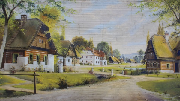 Pozadí – zadní prospekt – nabízí pohled do zcela odlišných prostředí: Idealizovaná horská vesnice, takto Roudnice v Krkonoších nevypadala. Zdroj: Obec Jestřabí v Krkonoších Fotografie. Pozadí – zadní prospekt – nabízí pohled do zcela odlišných prostředí: Idealizovaná horská vesnice, takto Roudnice v Krkonoších nevypadala. Zdroj: Národní muzeum