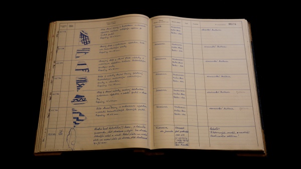 Fotografie. Inventární kniha se záznamy malovaných střepů. Zdroj: Národní muzeum