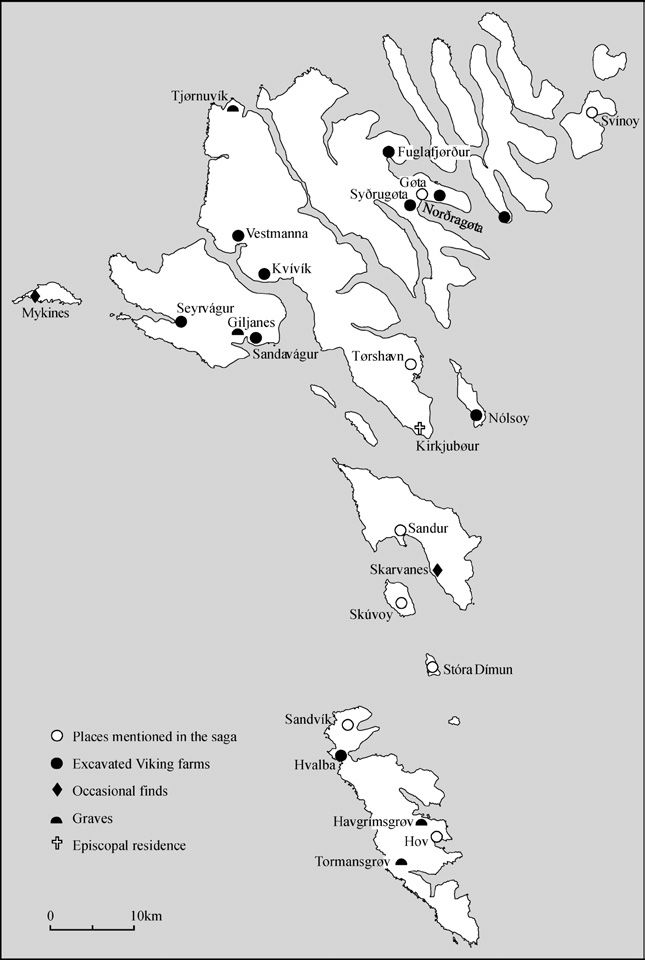 Faerské ostrovy v době vikinské (zdroj: Símun Vilhelm Arge - Guðrún Sveinbjarnardóttir - Kevin J. Edwards - Paul C. Buckland: Viking and Medieval Settlement in the Faroes: People, Place and Environment. In: Human Ecology 33/5, Historical Human Ecology of the Faroe Islands, 2005, s. 603)
