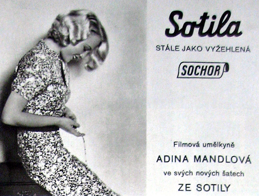 Reklama na umělé hedvábí s Adinou Mandlovou, Pestrý týden 1934. Zdroj: Národní muzeum